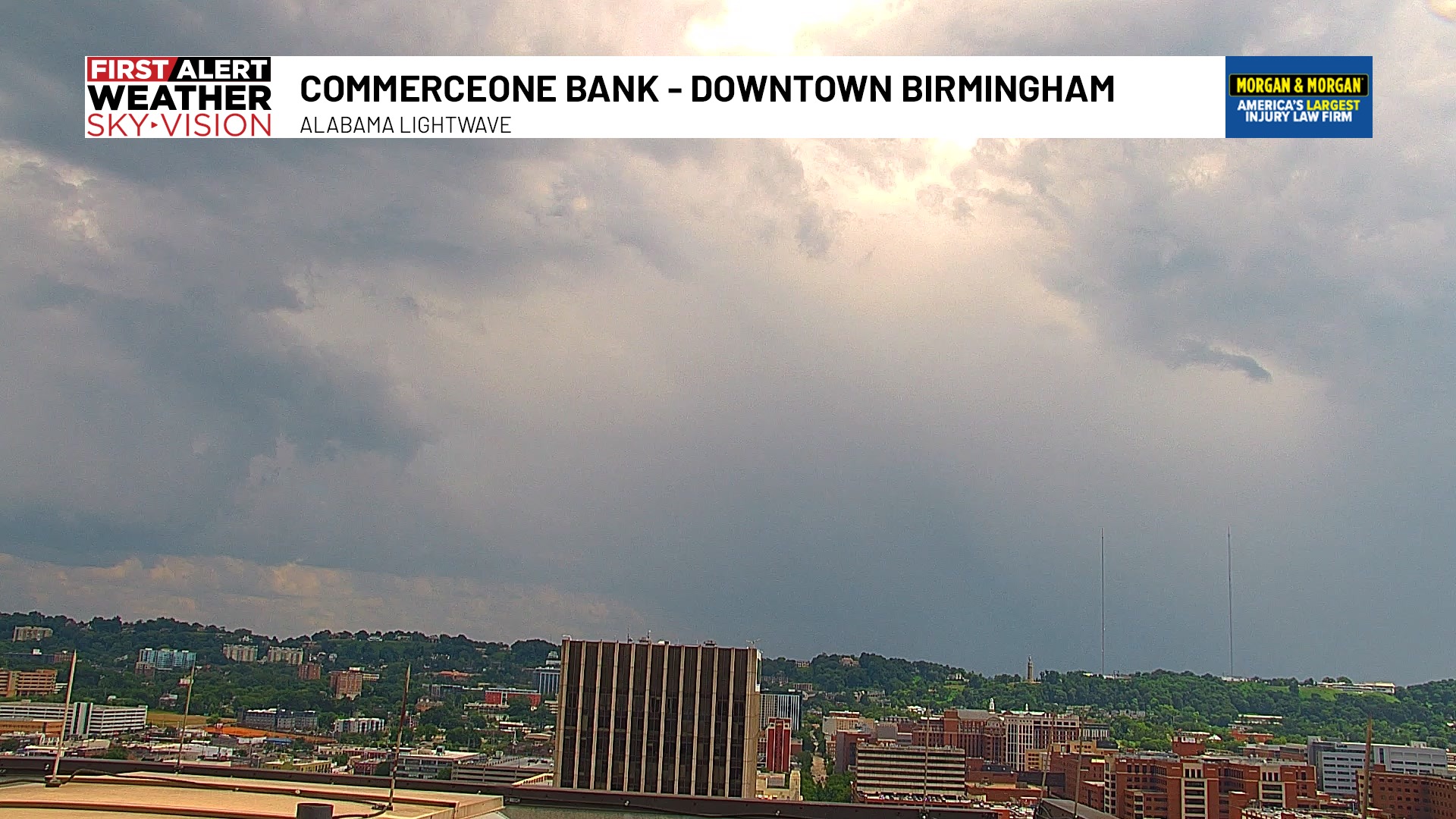 Live frame from the Alabama Lightwave tower camera atop CommerceOne Bank in downtown Birmingham, shared with WBRC FOX6 First Alert Weather.