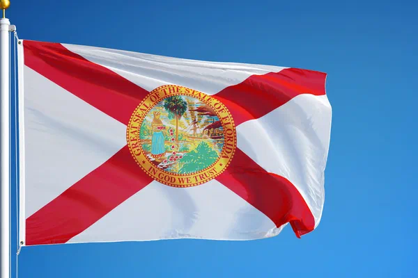 State flag of Florida flying against a blue sky.