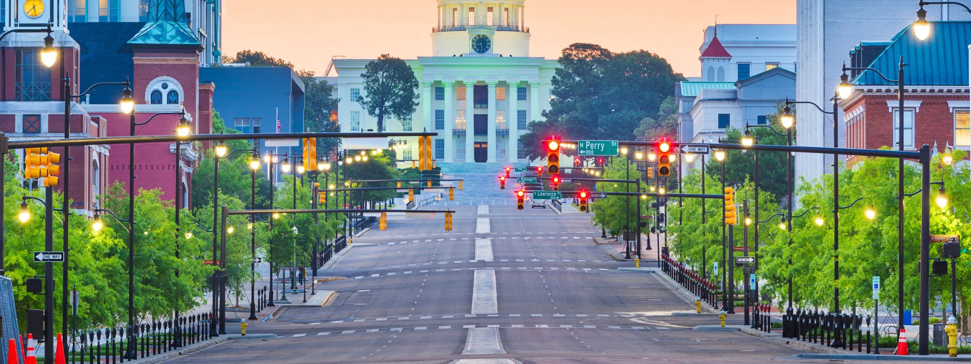 The Alabama State Capitol at dusk, viewed down Dexter Avenue in downtown Montgomery.