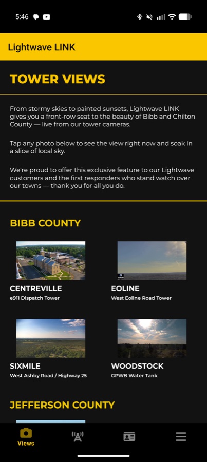 Lightwave LINK app showing live tower camera grid for Bibb and Chilton Counties